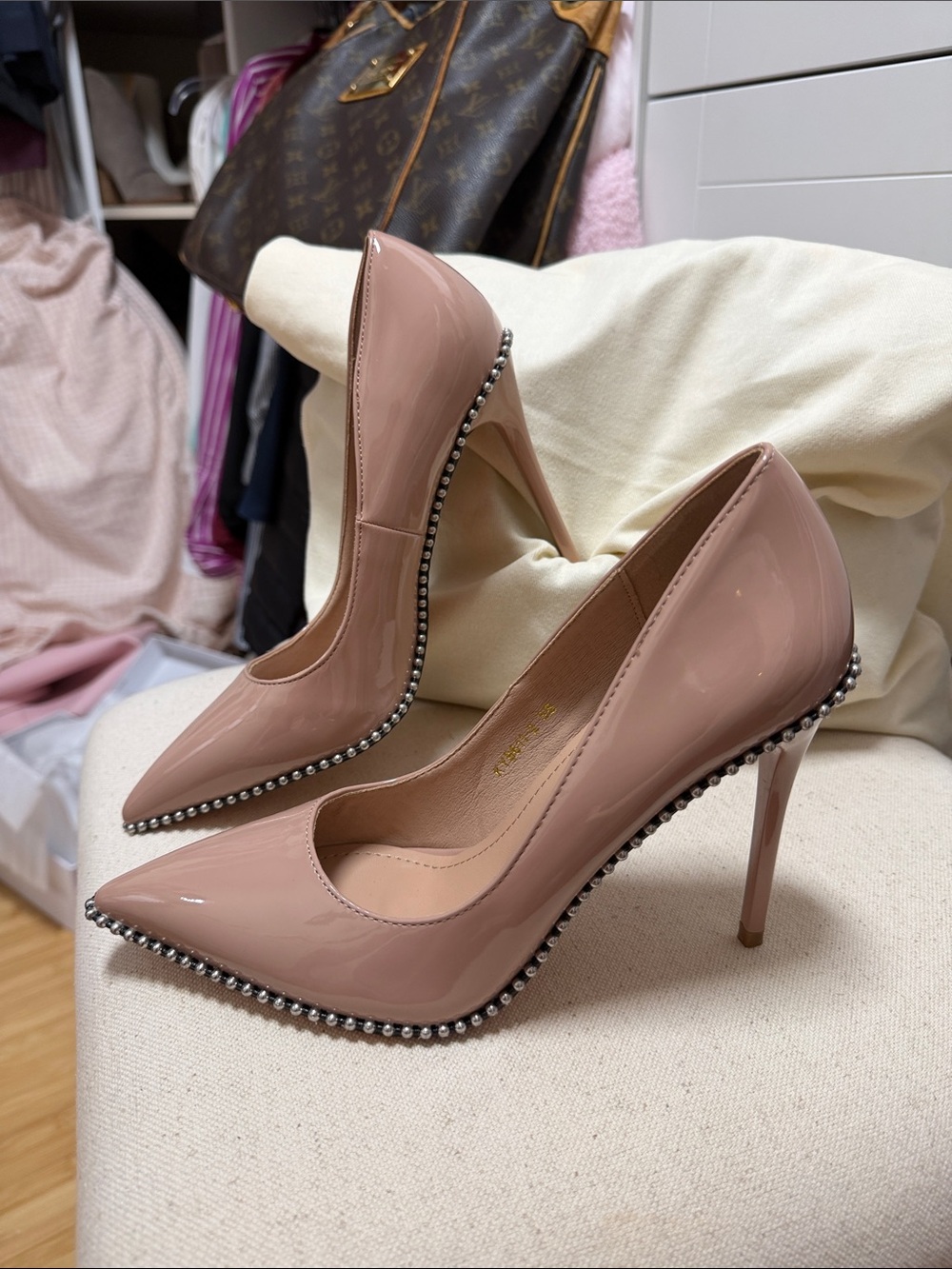 Nude Patent Pointed-Toe Pumps with Stud Trim